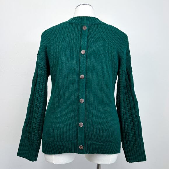 Roolee Green Cable Knit Sleeve Button-Back Crewneck Sweater - Picture 5 of 7